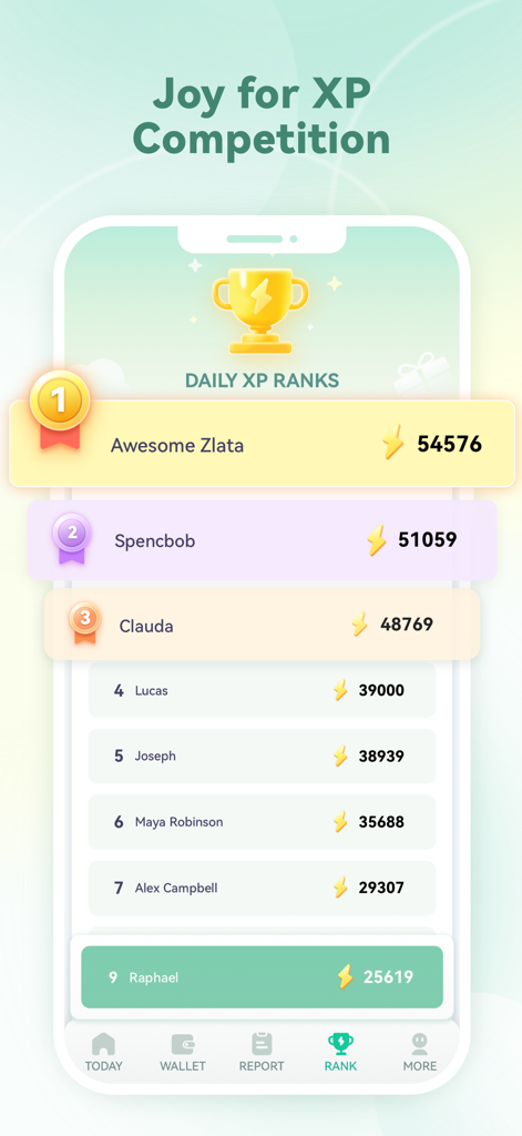 WalkBoost app leaderboard showing daily XP rankings and competition points for walking