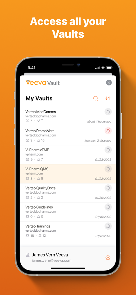 Veeva Vault - Interfaccia dell'app mobile Veeva Vault che mostra un elenco di business vault per professionisti del settore Life Sciences