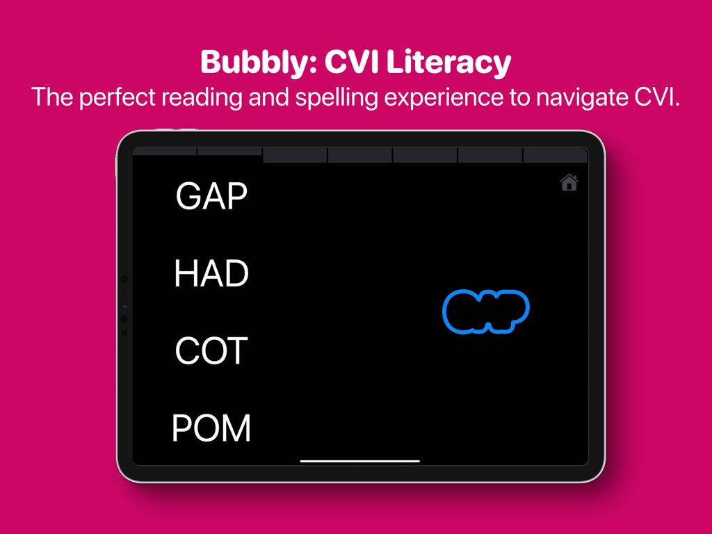 Bubbly - CVI Literacy - Aplicación Bubbly CVI Literacy en iPad con palabras blancas sobre un fondo negro de alto contraste