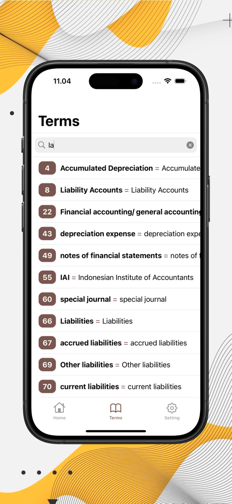 Basic Accounting Learning - A mobile screen showing a list of accounting terms like liabilities and depreciation in the Basic Accounting Learning app
