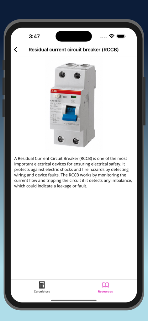 ElectricCalc Pro - Pantalla de información del interruptor automático de corriente residual RCCB con imagen del dispositivo y descripción de seguridad.
