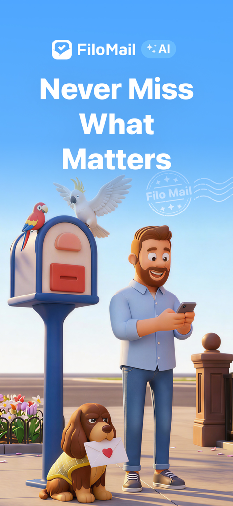 FiloMail - AI Gmail Client - FiloMail AI Gmail Client marketing illustration showing a man using the app next to a mailbox and a dog holding an envelope
