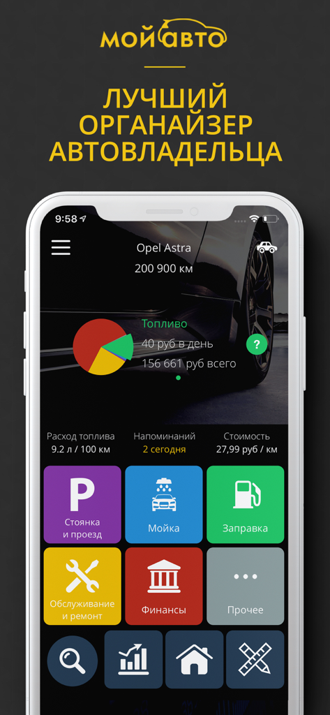 Schermata dello smartphone che mostra la dashboard dell'app My Auto con le categorie di spesa del veicolo e i dati di monitoraggio del carburante