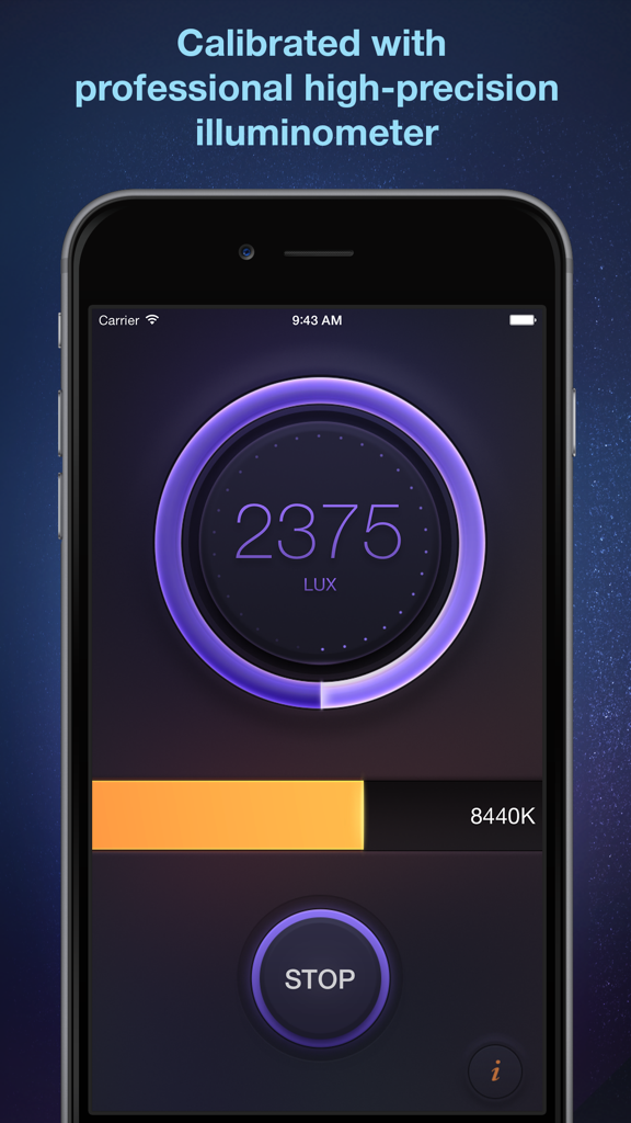 Lux Meter - light measurement tool for measuring lumens, foot candles, lx and light temperature - Lux Meter app interface showing lux measurement and light temperature in Kelvin
