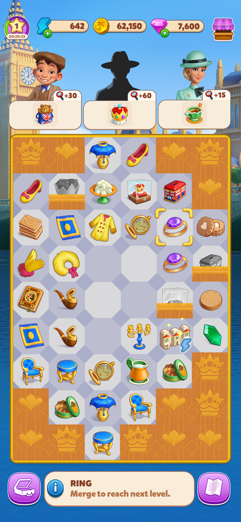 A screenshot of the Travel Town game board showing various items to merge and character requests at the top.