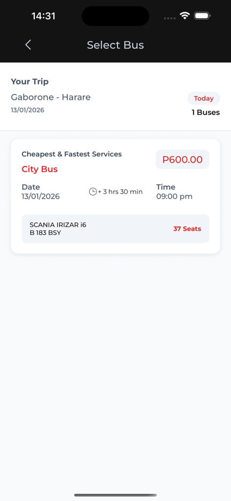 CityBus - Interface da aplicação CityBus para selecionar um autocarro mostrando horários, preço e disponibilidade de lugares