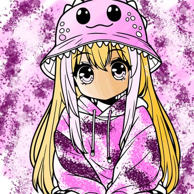 girl with anime shaped eyes with a dinosaur bucket hat oversized sweatshirt long straight hair