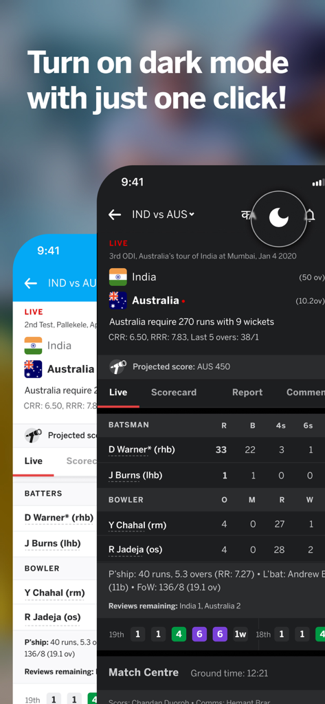 ESPNcricinfo - Cricket Scores - Une capture d'écran de l'application ESPNcricinfo démontrant la fonction de bascule du mode sombre pour les scores et les statistiques de cricket.