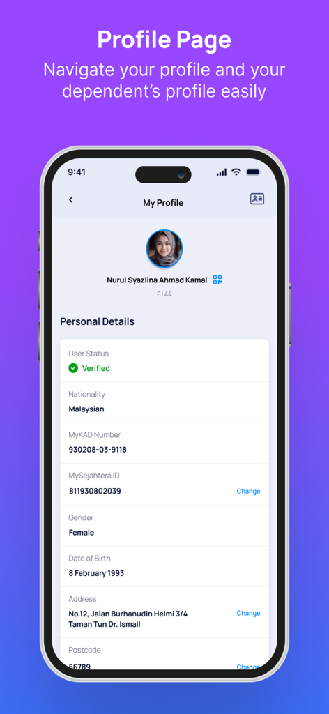 MySejahtera mobile app profile page displaying personal user details and verified status