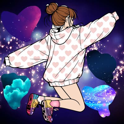 realistic girl jumping with a bun and oversized sweatshirt