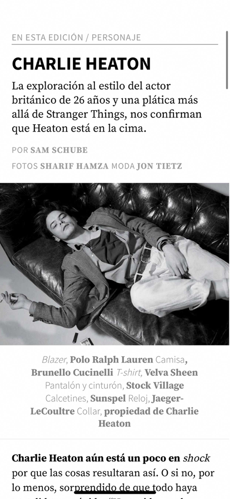 GQ México - A digital article from GQ Mexico featuring an interview and style profile of actor Charlie Heaton