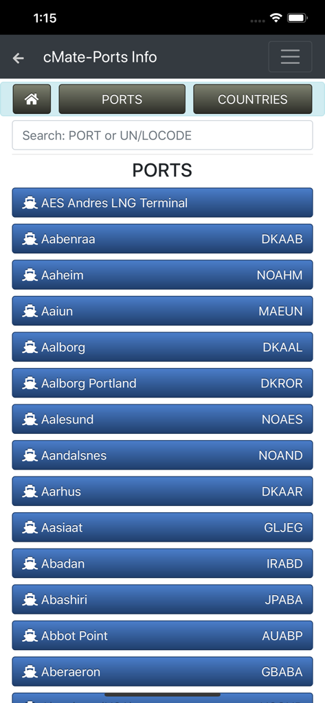 Searchable list of global sea ports with UN/LOCODE identifiers in the cMate-Ports Info app.