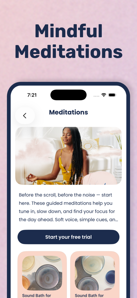 Yoga Wake Up: Alarm & Stretch - Yoga Wake Up app screen showing the mindful meditations interface with guided sessions and a start your free trial button