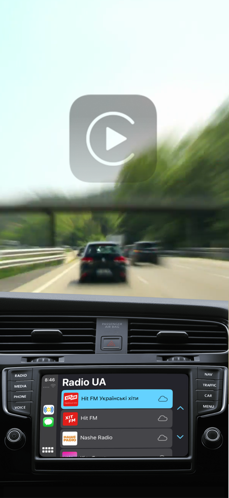Radio UA: Українське радіо - Interfaz de la aplicación de radio ucraniana Radio UA en el tablero de un coche usando Apple CarPlay
