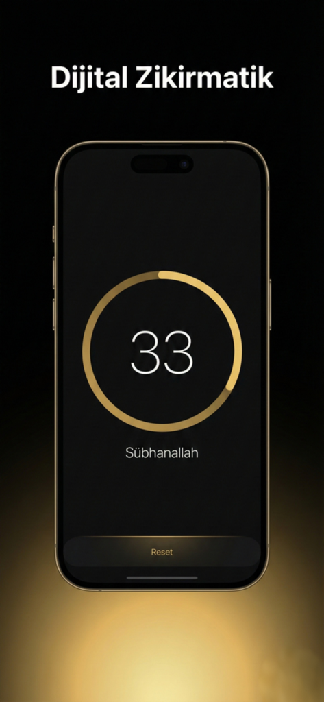 Hidayet: İslami Asistanınız - Digital zikirmatik feature of the Hidayet app showing a prayer counter of 33 with Subhanallah text on a dark modern interface.
