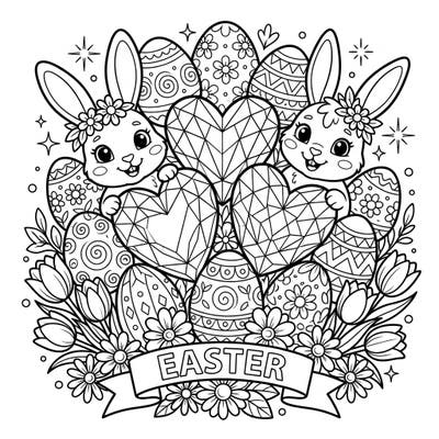 Get ready for a sparkling Easter celebration with this charming coloring page! It features two adorable bunnies, intricate crystal hearts, and a bounty of beautifully decorated Easter eggs, all waiting for your creative touch.