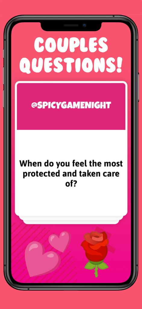 Spy Game: Group Party Games - Uno screenshot dell'app Spy Game che mostra una domanda romantica per coppie su sfondo rosa con cuori e una rosa.