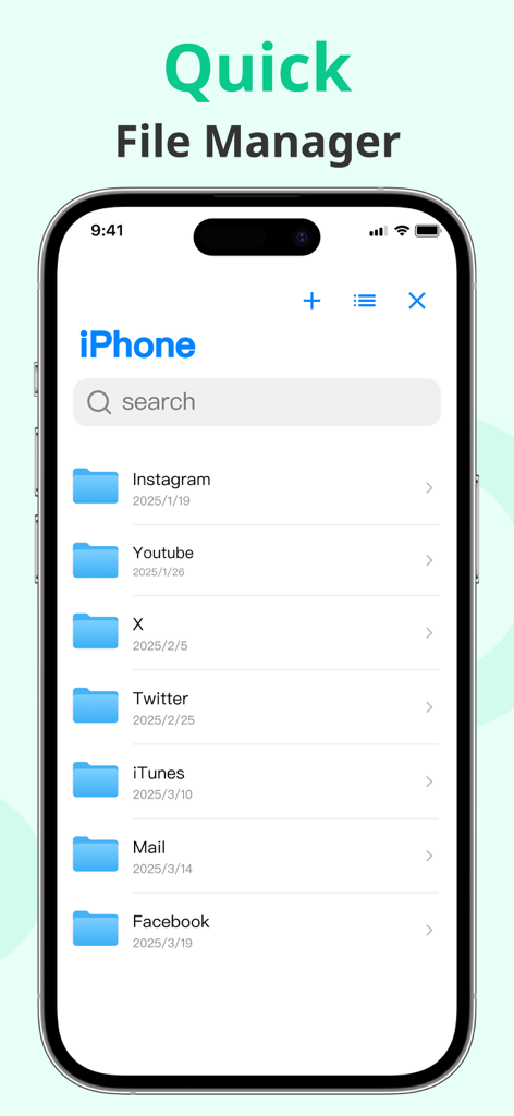 Speed Space: Phone Cleaner - Speed Space app interface displaying a quick file manager with social media storage folders on an iPhone