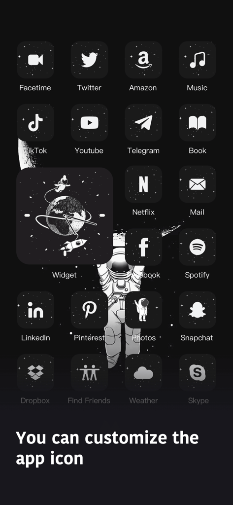 Spark - Color Widgets - An iPhone screen showing a monochrome space theme with custom app icons and an astronaut clock widget