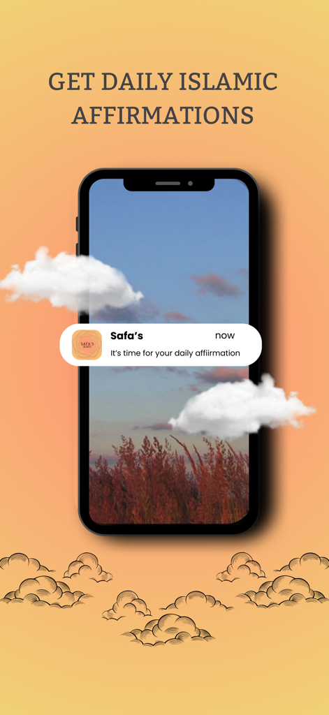 Safa's: Islamic Affirmations - A smartphone displaying a daily Islamic affirmation notification from the Safa's app over a serene sky background.