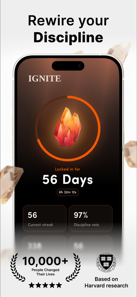 Ignite - Become Disciplined - Pantalla de la aplicación Ignite mostrando una racha de disciplina de 56 días y una tasa de disciplina del 97 por ciento