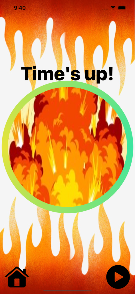 폭탄 타이머 앱 화면, 큰 폭발 애니메이션과 '시간이 다 되었습니다'라는 텍스트 표시