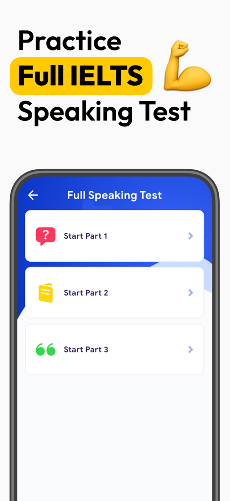IELTS Speaking Topics - Mobile app screen showing options to start IELTS Speaking test Part 1, Part 2, and Part 3.