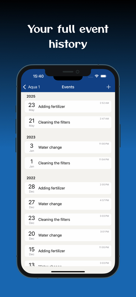 Aquarium Manager: Tank Log - Application Aquarium Manager montrant un historique des événements d'entretien pour un aquarium.