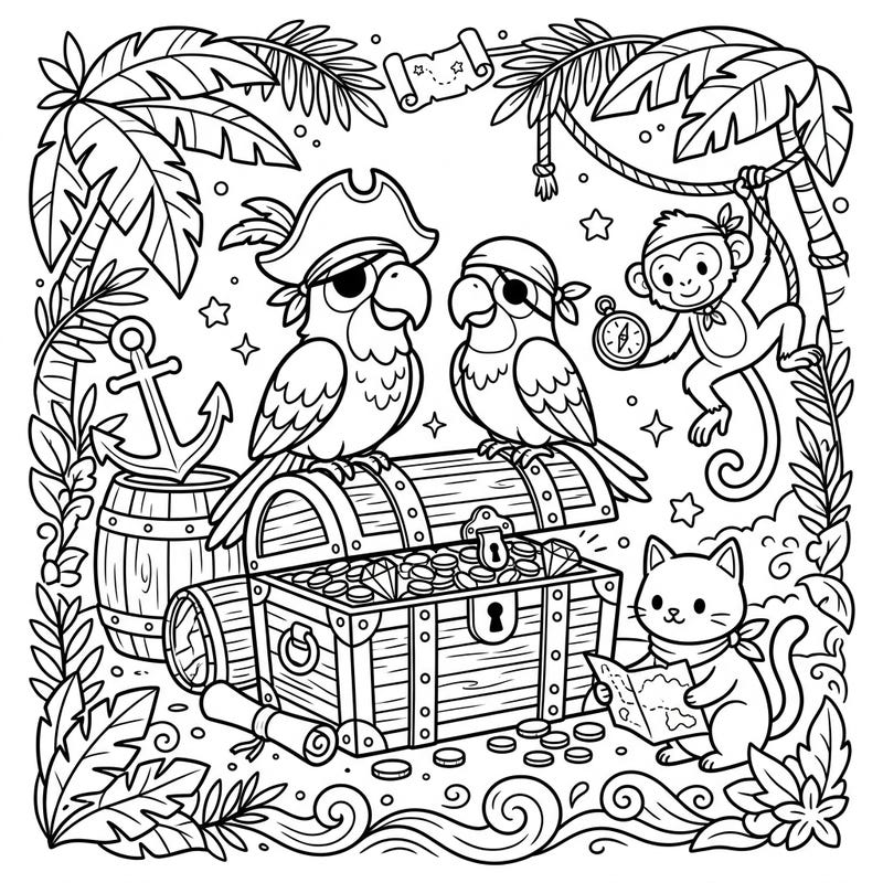 Dive into a swashbuckling adventure with this charming coloring page featuring pirate parrots and their adventurous animal companions. Discover a treasure chest overflowing with riches, a monkey on the lookout, and a map-reading cat, all set in a tropical paradise.