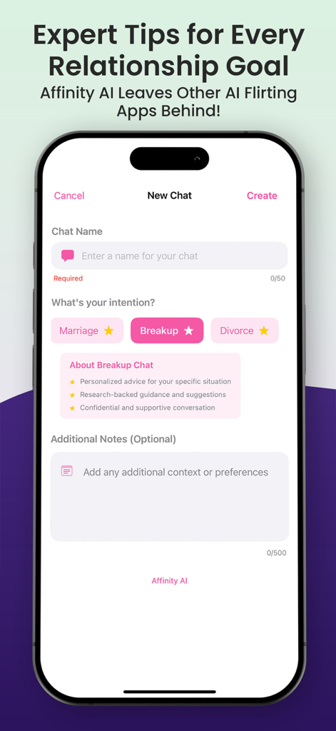 Affinity AI - Affinity AI app screen showing relationship coaching options for marriage breakup and divorce