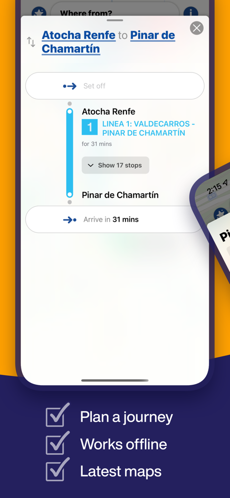 La app Madrid Metro muestra una ruta de Atocha Renfe a Pinar de Chamartín.