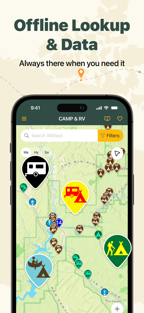 AllStays app interface showing an offline map with campground and RV site icons