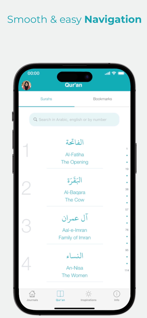 Qur'an And Me Journal - A mobile app interface displaying a list of Quran chapters with English translations and search functionality