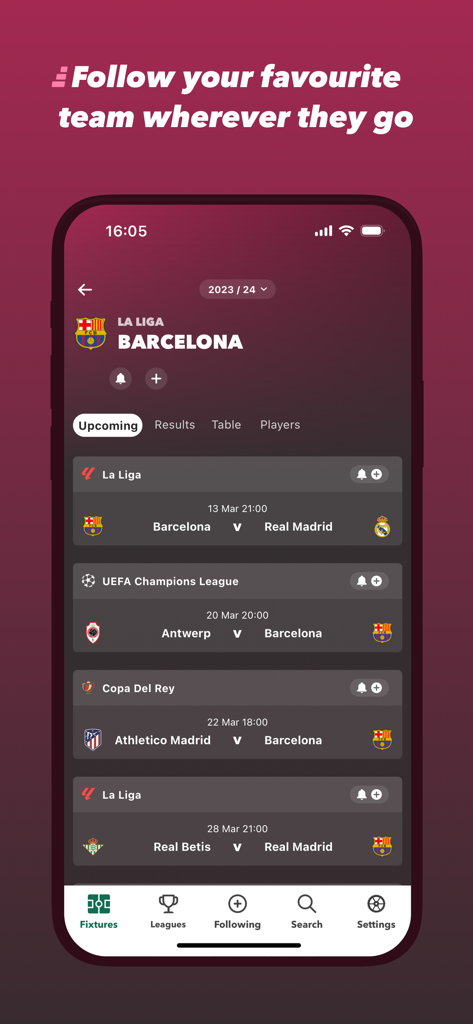 FollowScores: Live Scores - Smartphone screen showing upcoming football matches for FC Barcelona in the FollowScores app.
