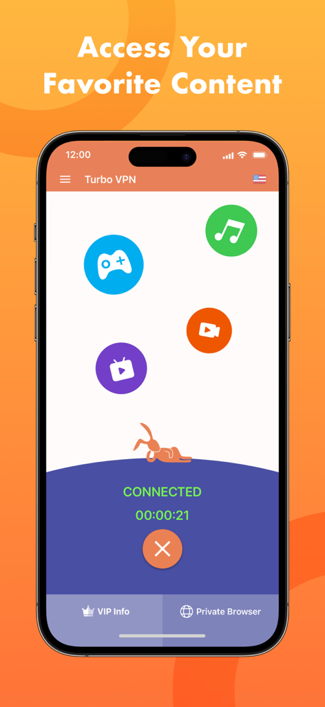 Turbo VPN app interface on an iPhone showing a connected status and icons for gaming music and video streaming
