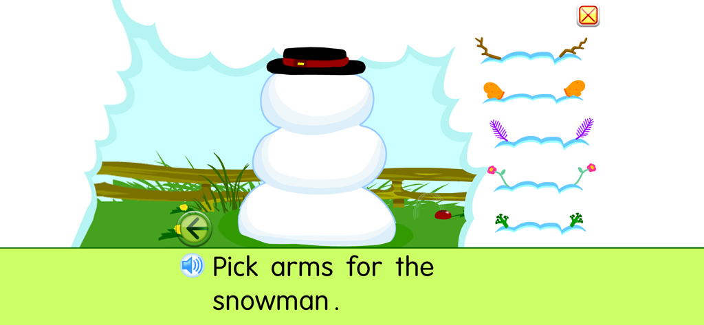A screen from the Starfall Snowman app showing a snowman being customized with different arm options like branches or mittens.