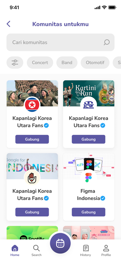 Youniverse - Community - Youniverse app interface showing a list of Indonesian community groups like Figma Indonesia and fan clubs.