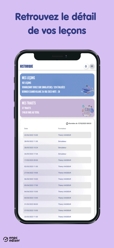 Kopilote - Interface of the Kopilote app displaying a history of driving lessons and total distance traveled