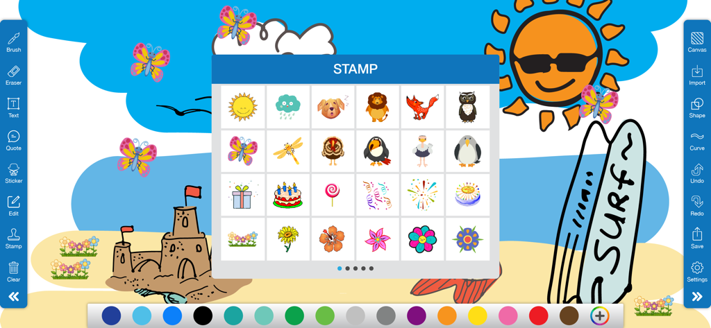 Doodle • Art - Interfaccia dell'app Doodle Art che mostra una scena di spiaggia colorata e una finestra di selezione timbri con varie icone