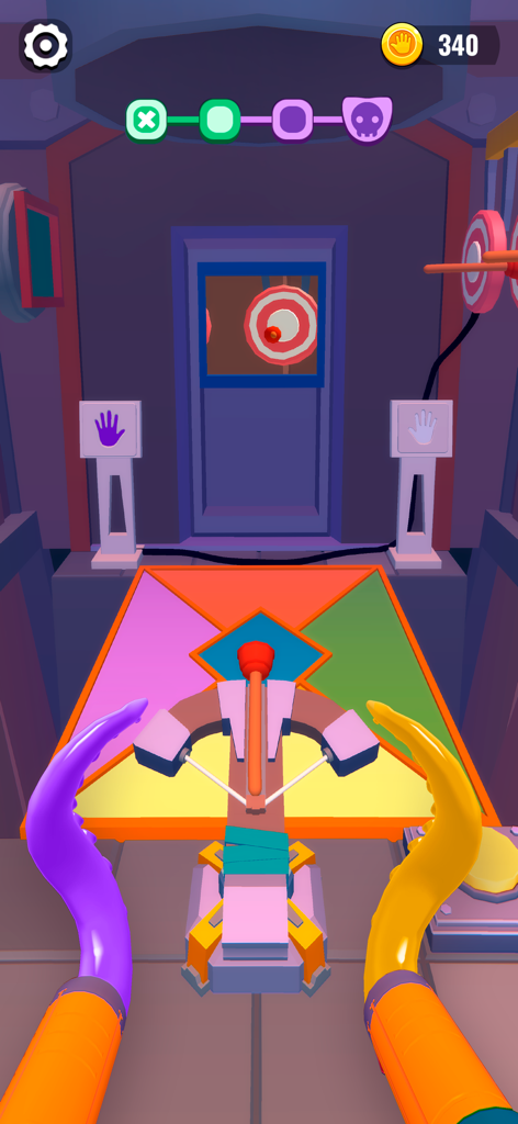 First-person gameplay of Monster Play Time showing purple and yellow power hands solving a crossbow puzzle.