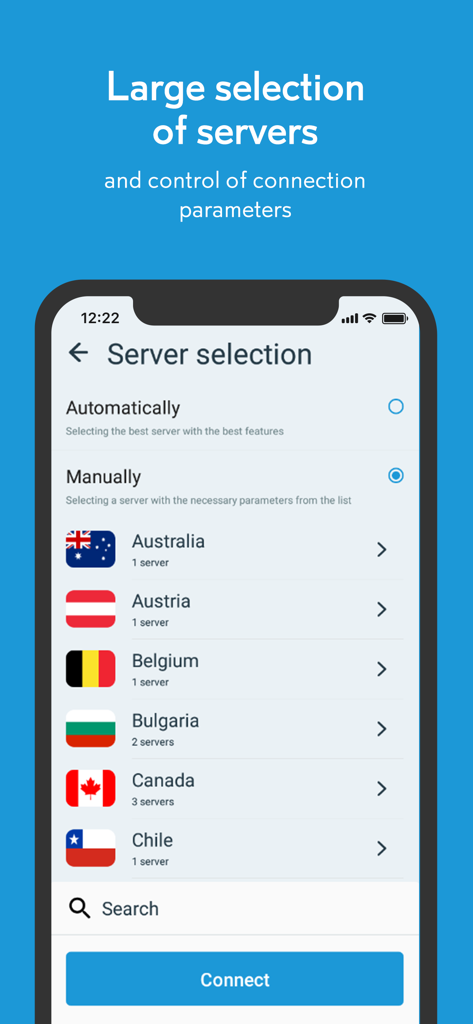 hidemy name VPN server selection screen showing a list of global server locations and flags