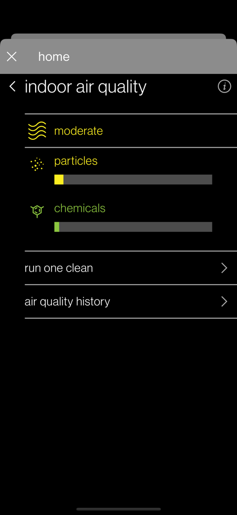SkyportHome - SkyportHome app showing indoor air quality levels for particles and chemicals