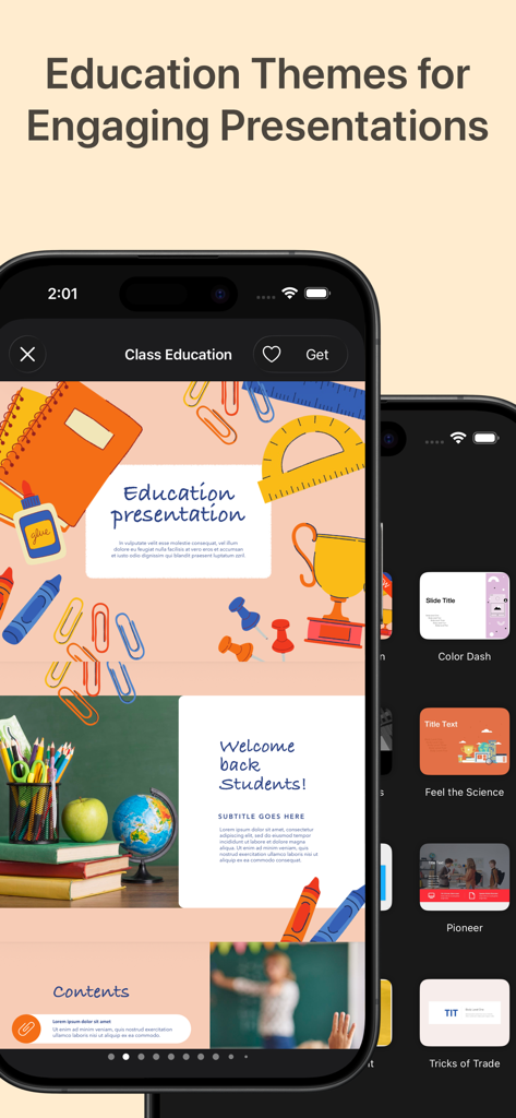 Plantillas y temas de presentación educativa para Google Slides mostrados en la pantalla de un smartphone