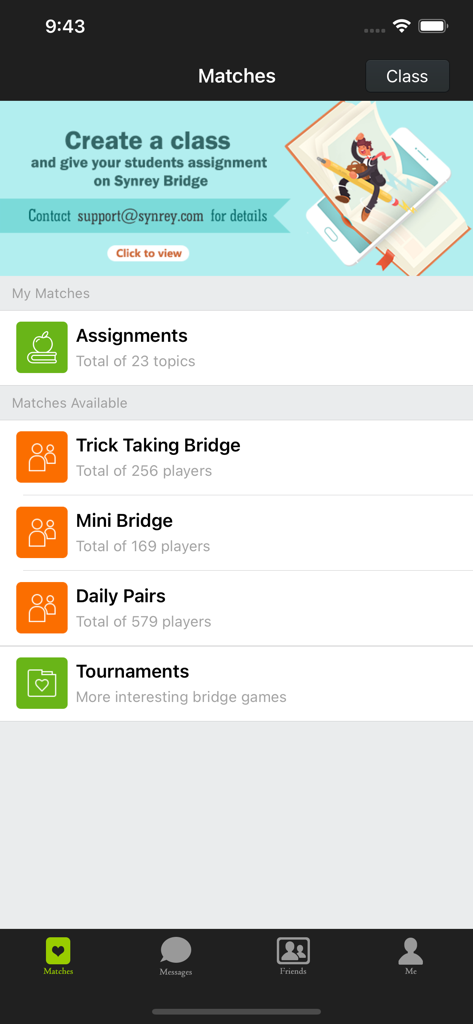 Synrey Bridge - Synrey Bridge app matches screen showing different game modes including Trick Taking Bridge Mini Bridge and Daily Pairs.