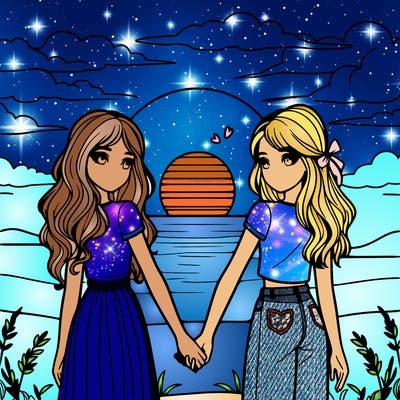 two realistic girls holding hands with a sunset in the background