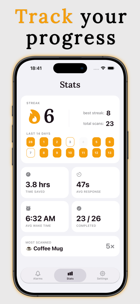 1% Alarm: Scan to Wake Up - Statistics dashboard in the 1 percent alarm app tracking morning wake up streaks and progress