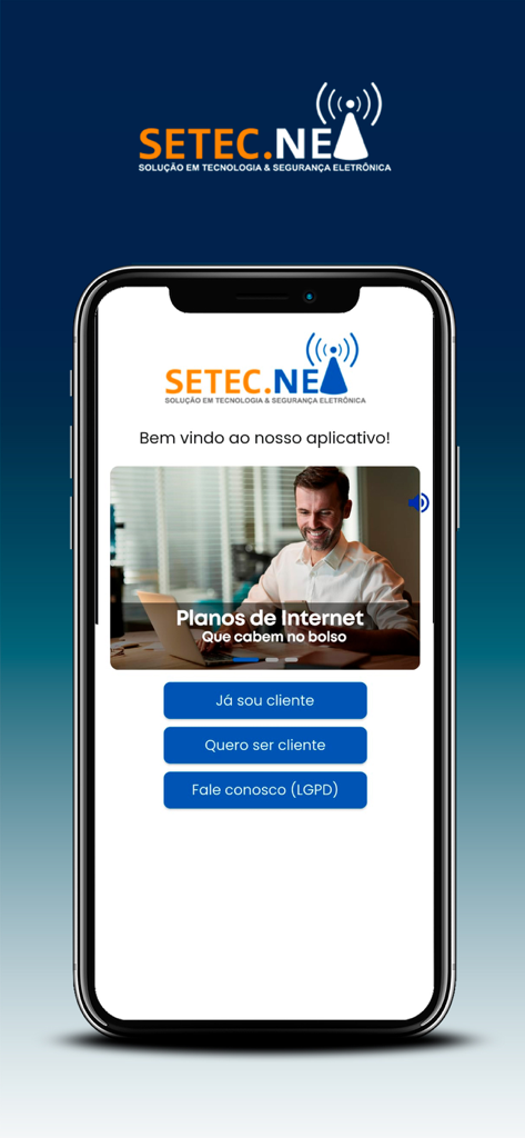 SETEC.NET - Tela inicial do aplicativo móvel SETEC.NET com login do cliente e opções de plano de internet
