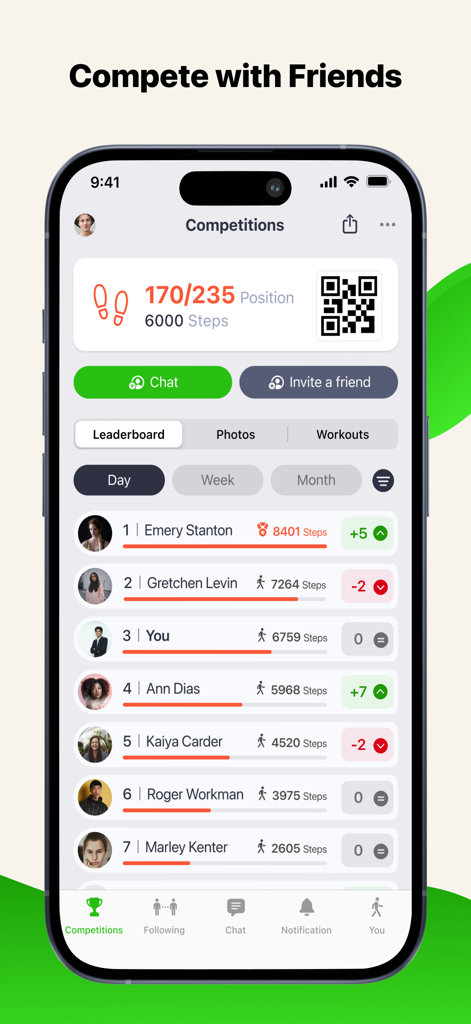Placar do aplicativo fitness Strive mostrando contagens de passos diários dos usuários e classificações em uma competição com amigos.