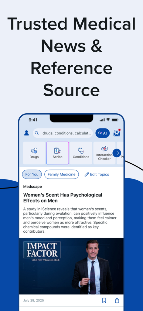 Medscape app interface showing medical news and clinical reference tools