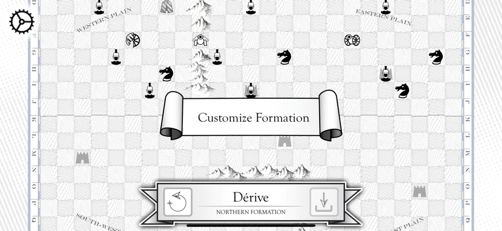 Kriegspiel - Pantalla Personalizar Formación en Kriegspiel que muestra la colocación estratégica de unidades en un mapa de cuadrícula de estilo vintage.